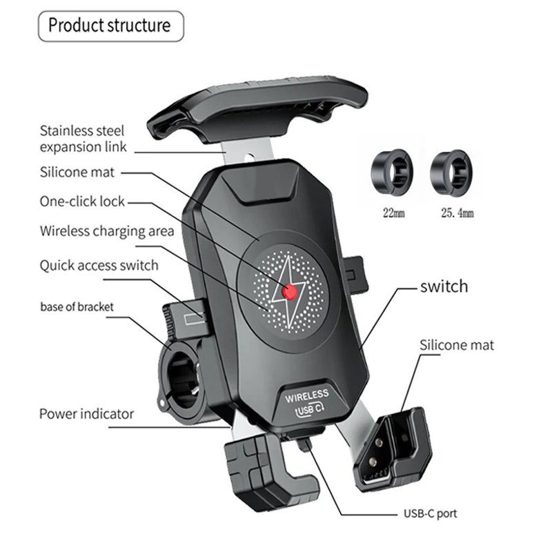 Motorcycle Phone Holder 15W Wireless Charger QC3.0 USB Charging Mount Stand Handlebar Smartphone Bracket Bike Cellphone Support