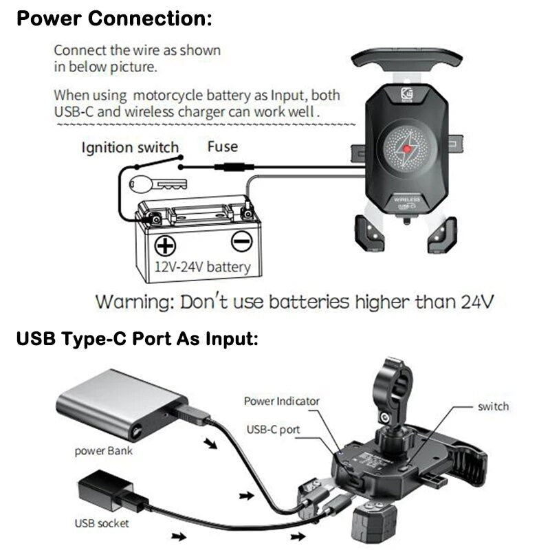 Motorcycle Phone Holder 15W Wireless Charger QC3.0 USB Charging Mount Stand Handlebar Smartphone Bracket Bike Cellphone Support